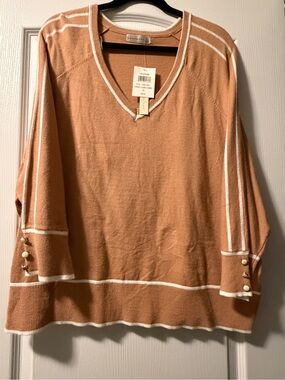 Retrology Camel V-Neck Sweater with White Trim and Button Cuffs